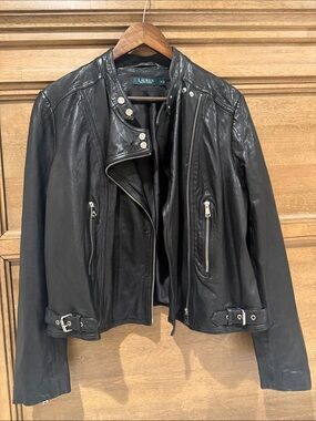 Lauren Ralph Lauren Black Leather Biker Jacket with Zip Pockets